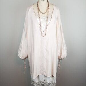 H&M Blushy~Cream Satin Deep V Neck Balloon Sleeve Top Tunic Ladies Size XL
